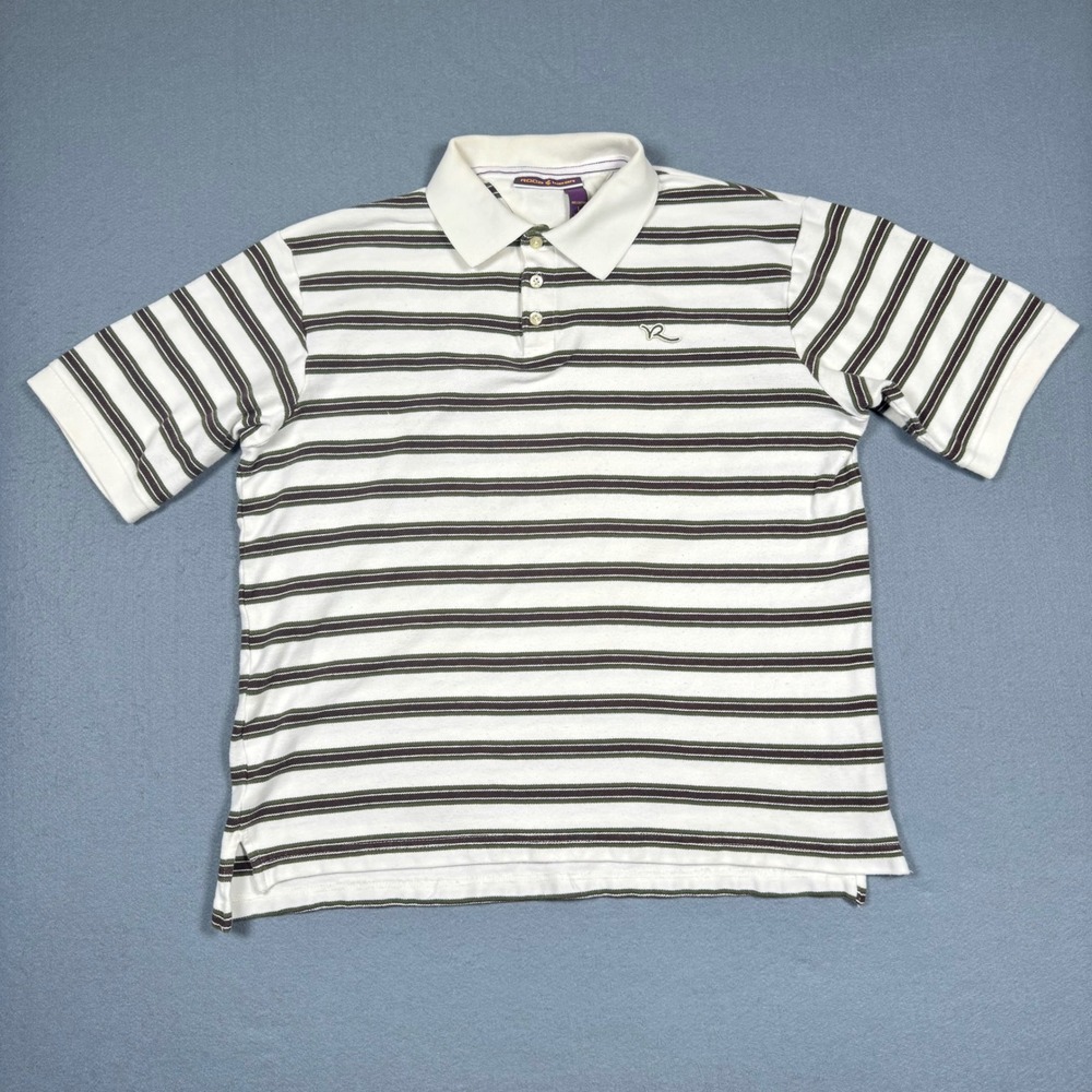 Rocawear Polo Shirt Mens Large White Brown Striped Cotton Y2K Streetwear Hip Hop